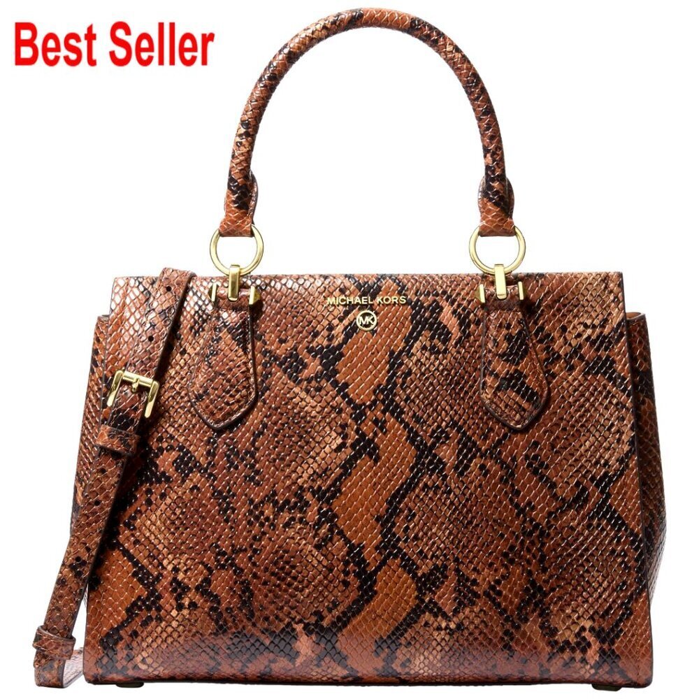 Snake-Embossed Leather Satchel with Crossbody Strap and Multiple Pockets